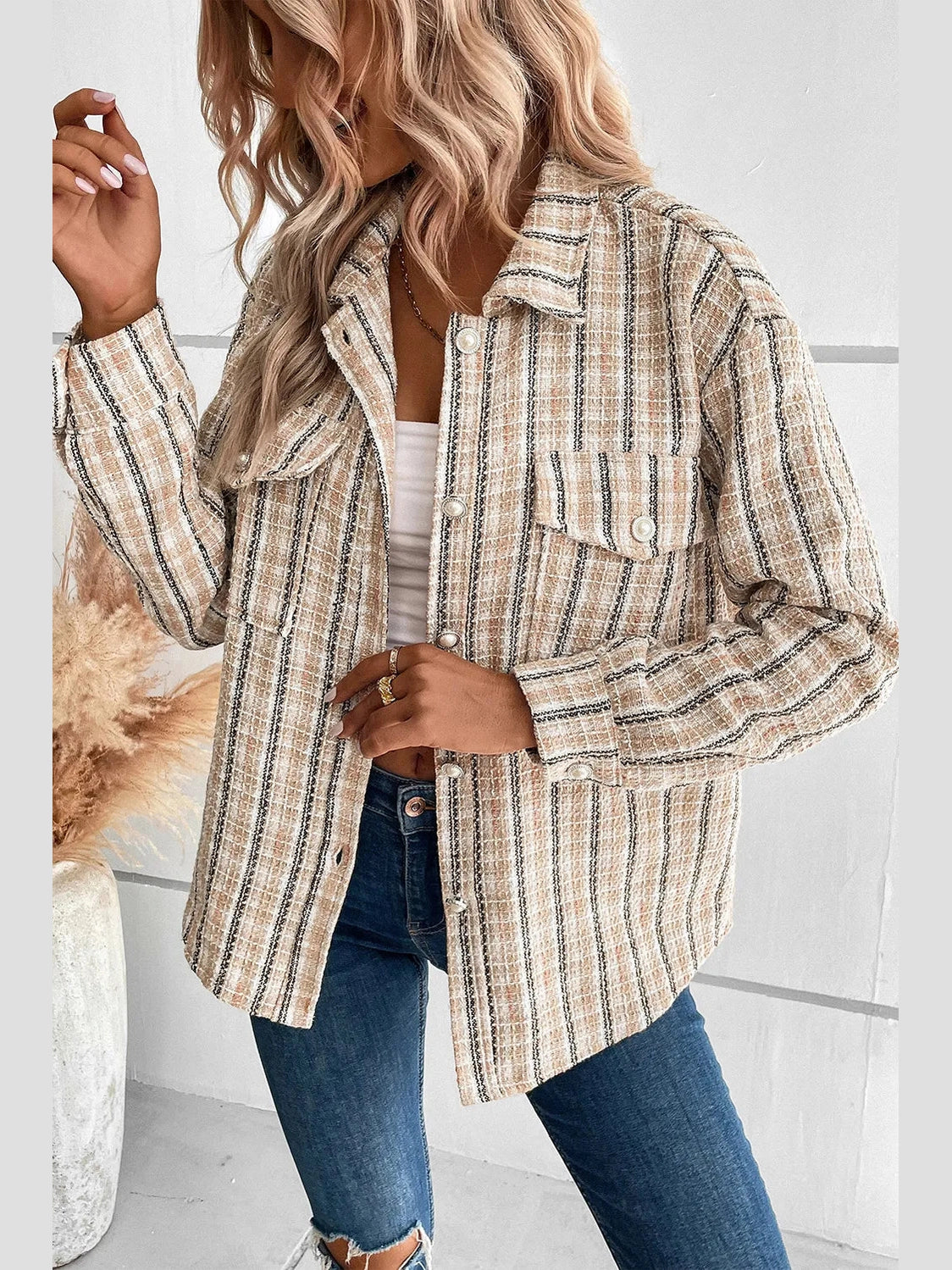 Perfee Pocketed Button Up Collared Neck Jacket nicholesgifts