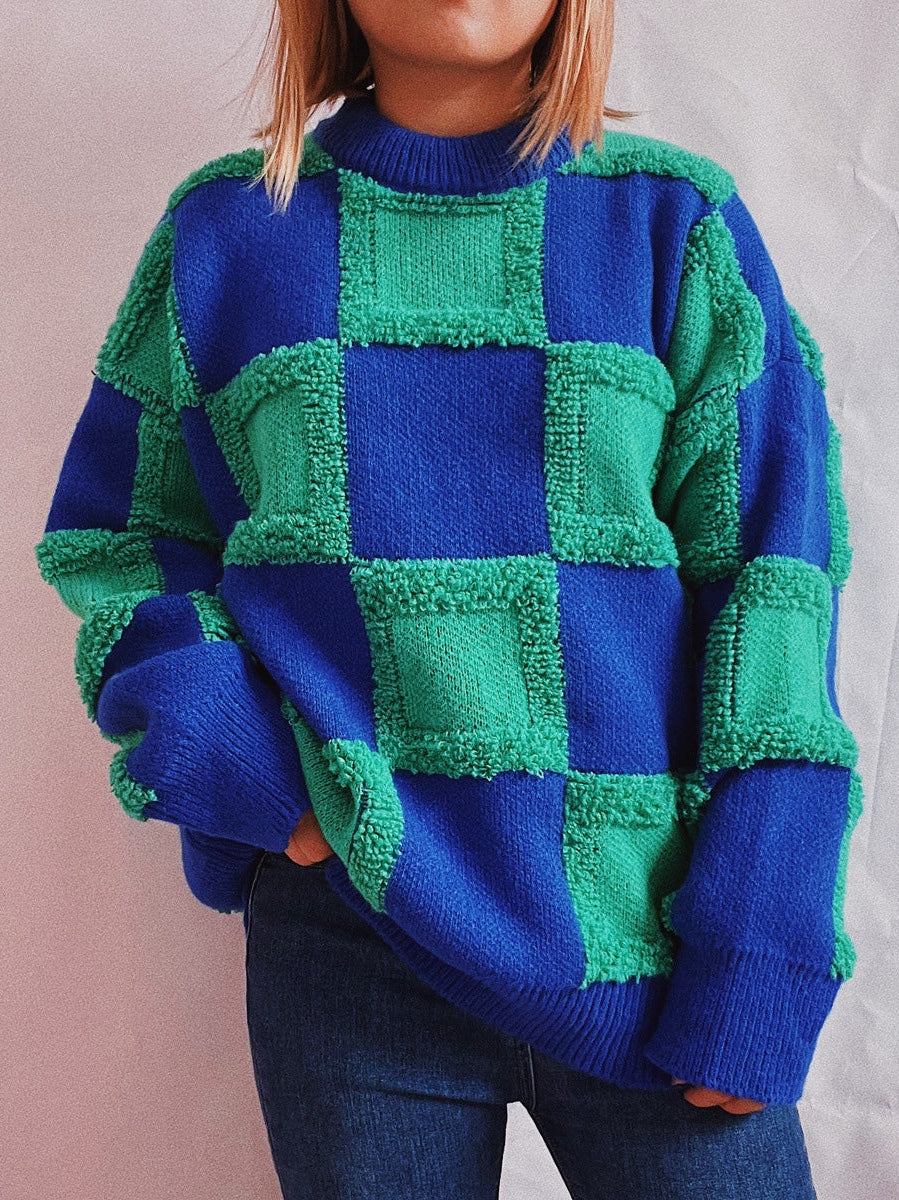 Checkered Round Neck Long Sleeve Sweater Trendsi