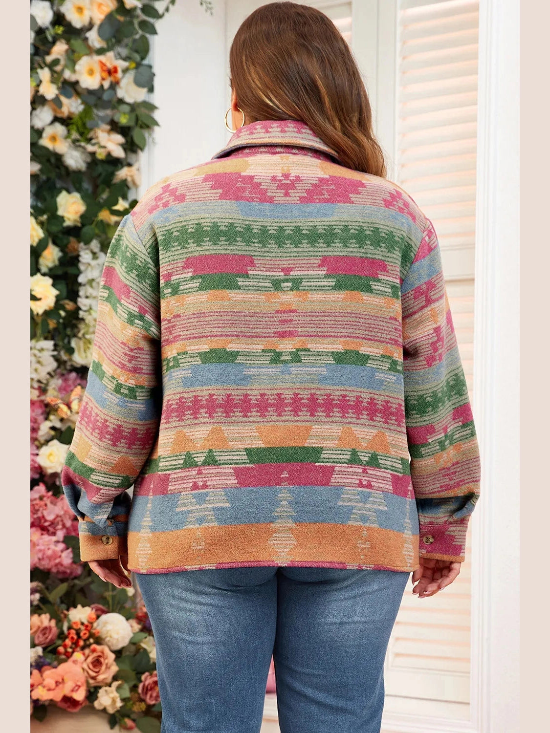 Plus Size Pocketed Printed Collared Neck Jacket Trendsi