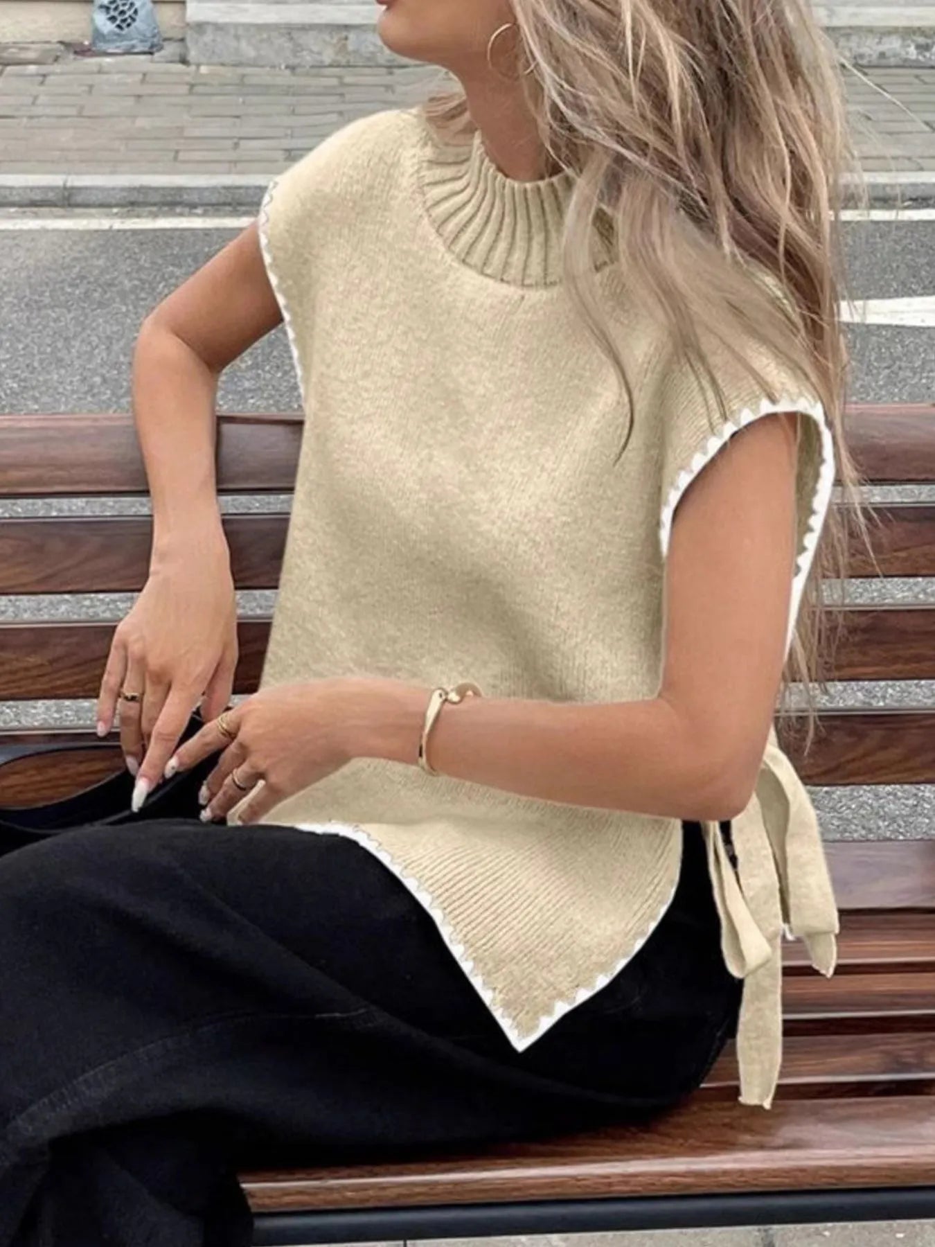 Ribbed Turtleneck Sweater Vest with Contrast Trim Trendsi