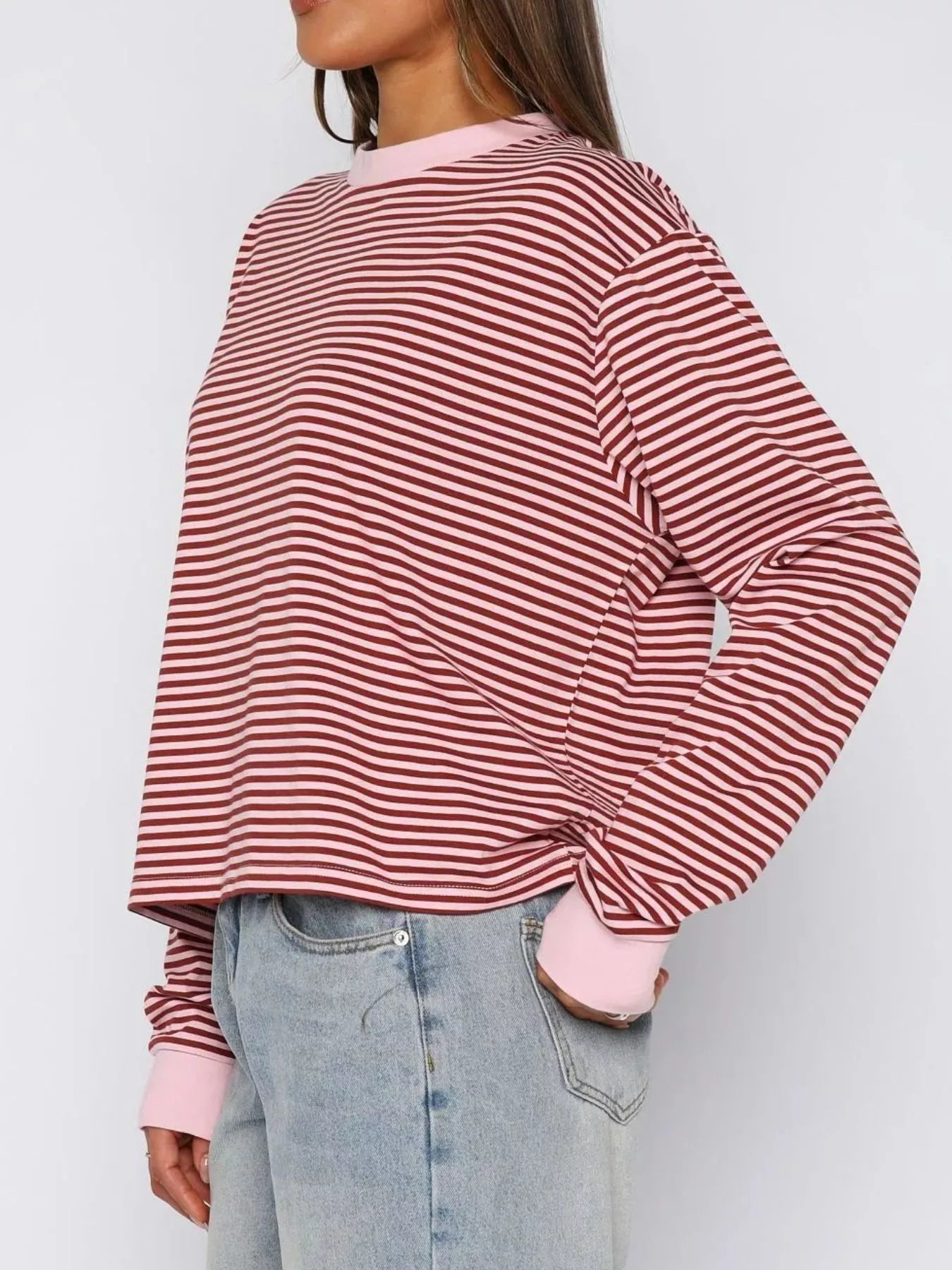 Striped Oversized Round Neck Sweatshirt nicholesgifts