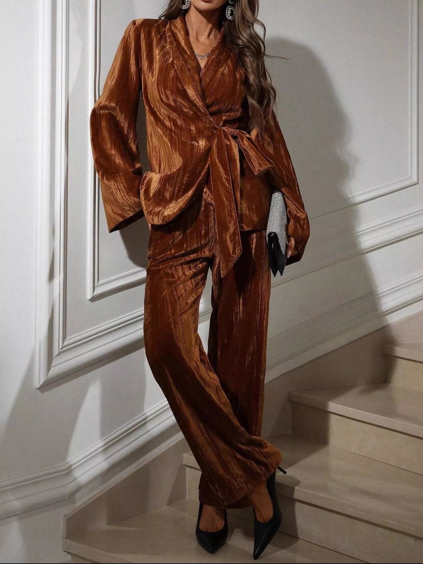 Velvet Tie Waist Blazer and Pants Set nicholesgifts