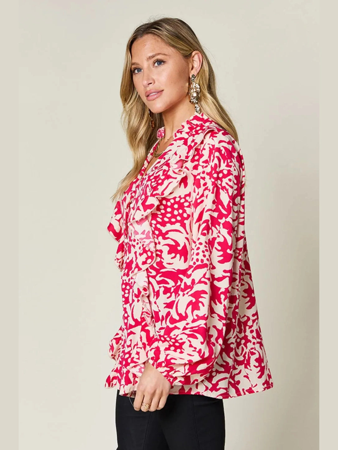 Double Take Full Size Printed Ruffle Trim Balloon Sleeve Shirt
