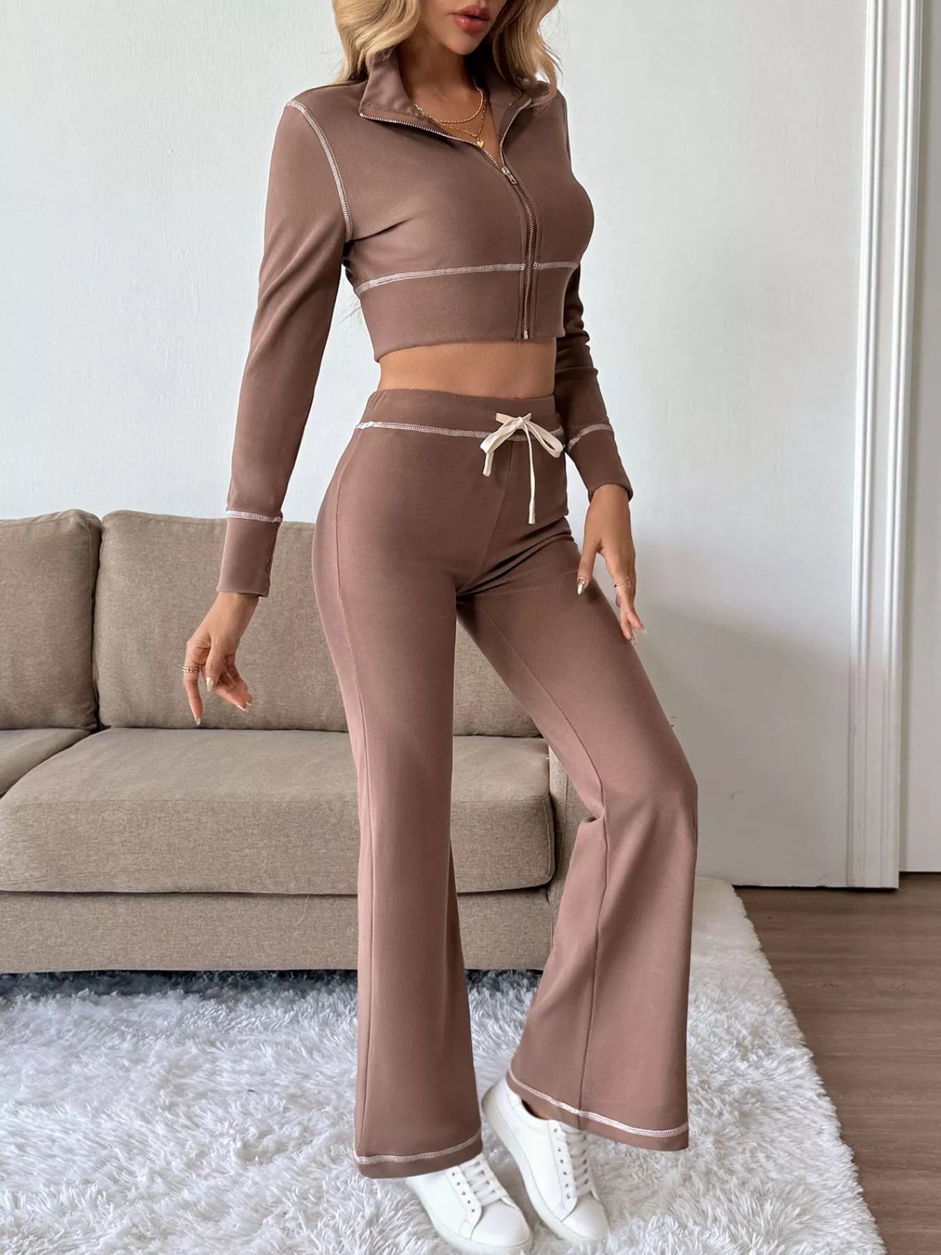 Zip Up Long Sleeve Top and Pants Set Trendsi