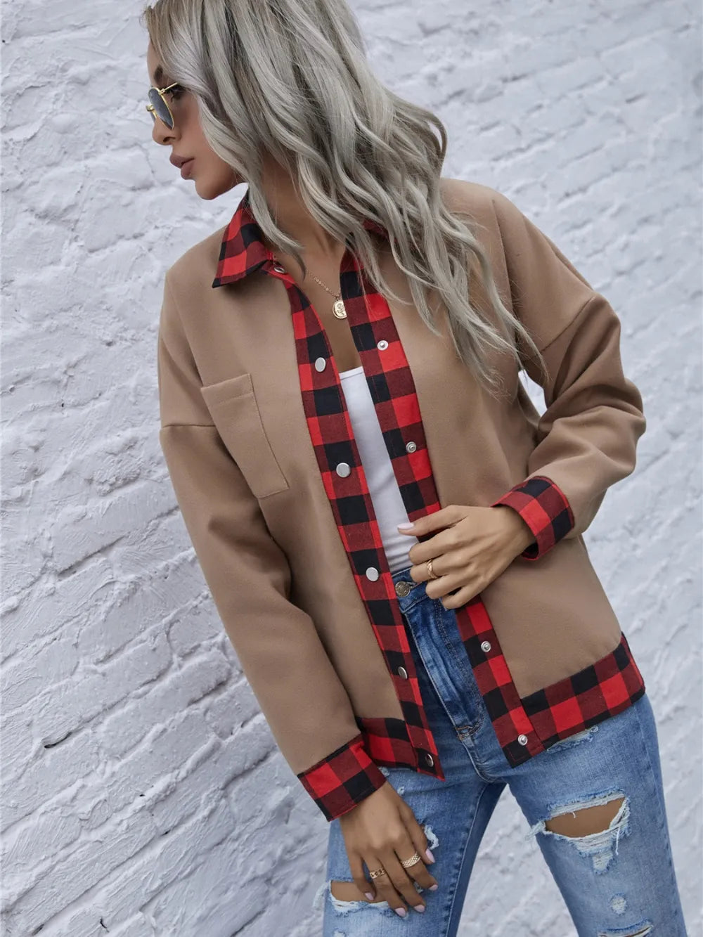 Plaid Trim Long Sleeve Jacket nicholesgifts