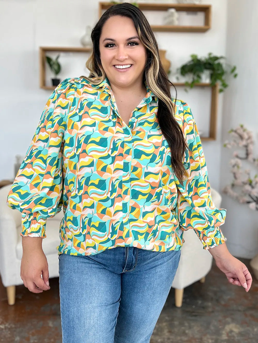Double Take Full Size Printed Smocked Long Sleeve Blouse nicholesgifts