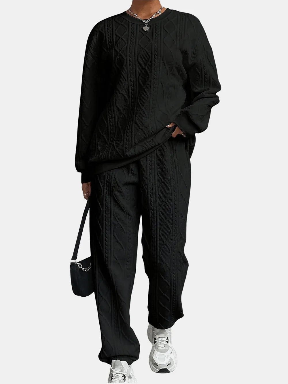 Texture Round Neck Top and Pants Set nicholesgifts