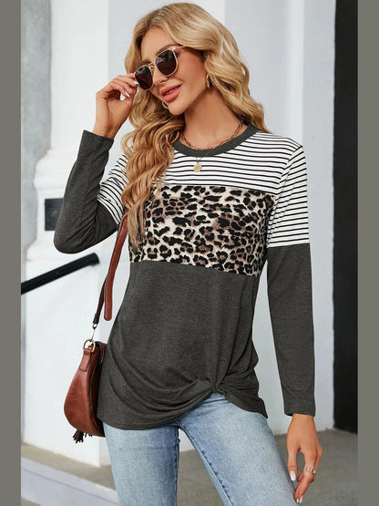 Leopard Striped Round Neck T-Shirt nicholesgifts