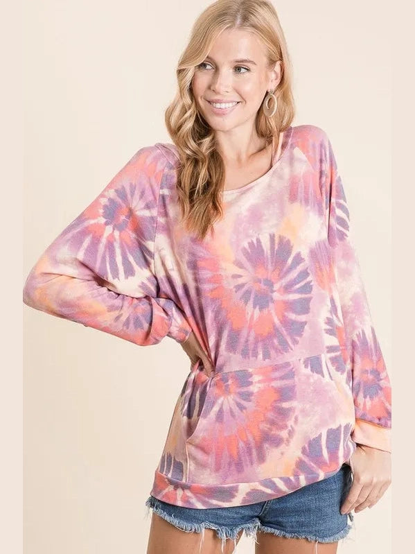 BiBi Circular Tie Dye Print Terry Hoodie with Kangaroo nicholesgifts