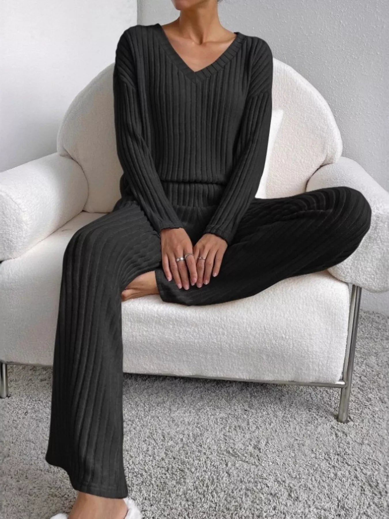 Ribbed Knit V-Neck Top and Pants Set nicholesgifts