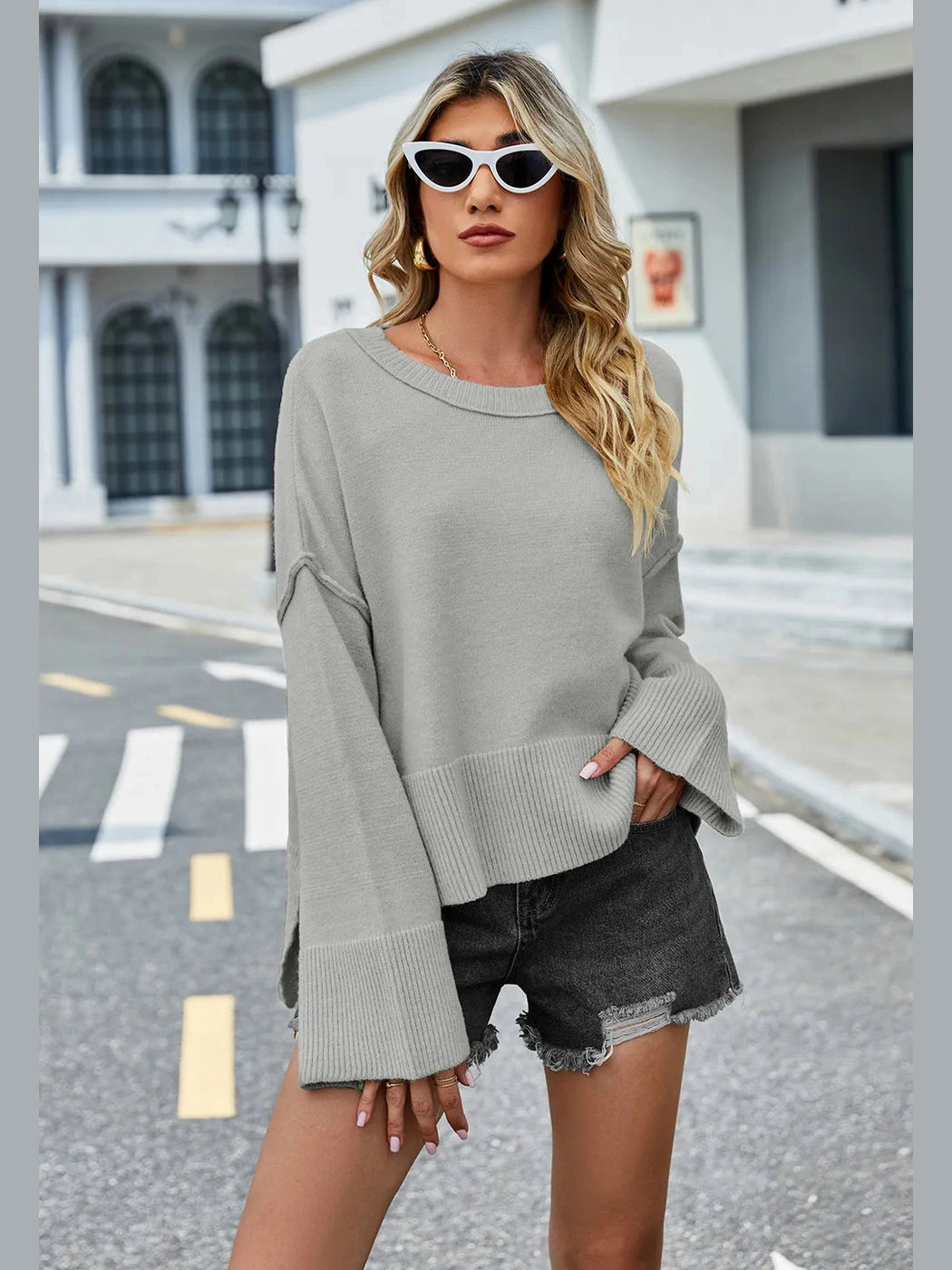 High-Low Slit Round Neck Long Sleeve Sweater nicholesgifts