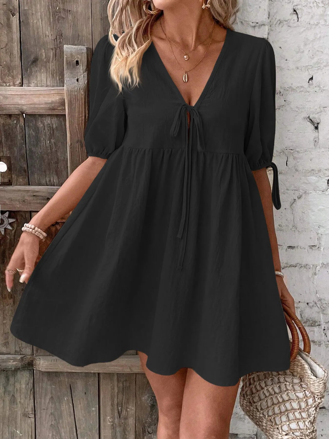 V-Neck Tie-Front Mini Dress with Puff Sleeves NicholesGifts