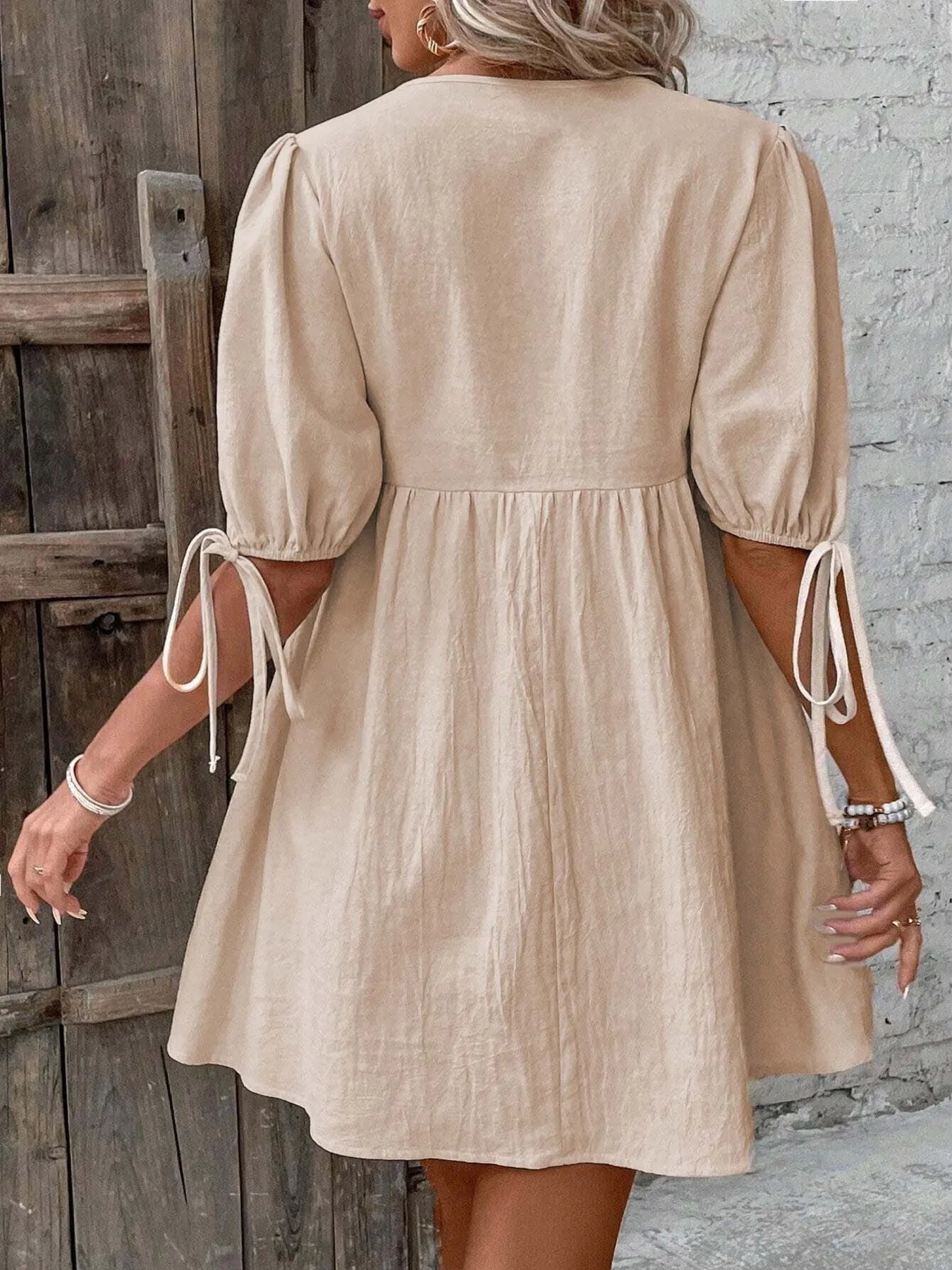 V-Neck Tie-Front Mini Dress with Puff Sleeves NicholesGifts