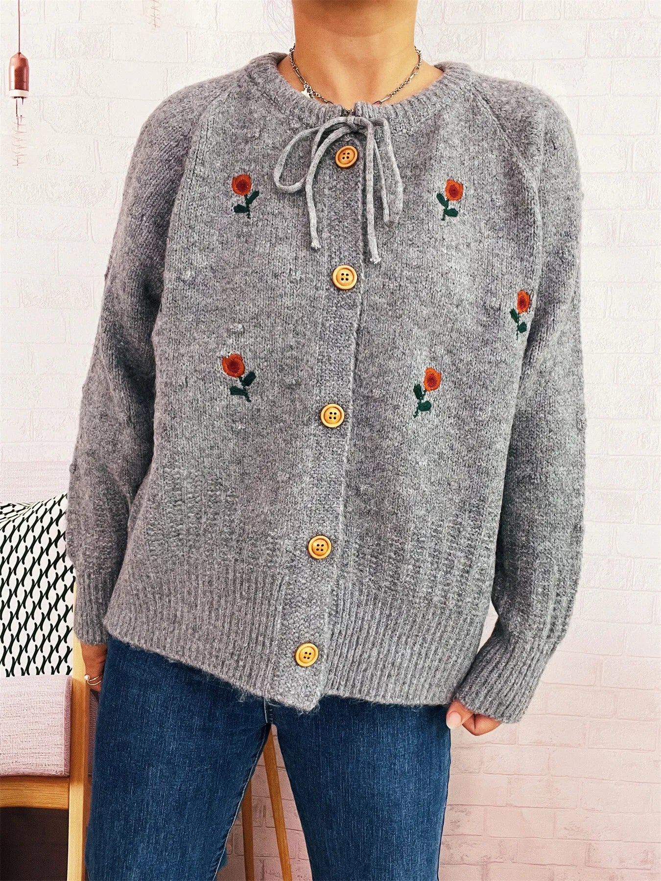 Rose Embroidered Button-Up Cardigan
