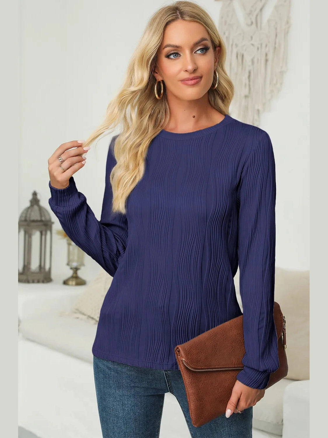 Textured Round Neck Long Sleeve Blouse NicholesGifts