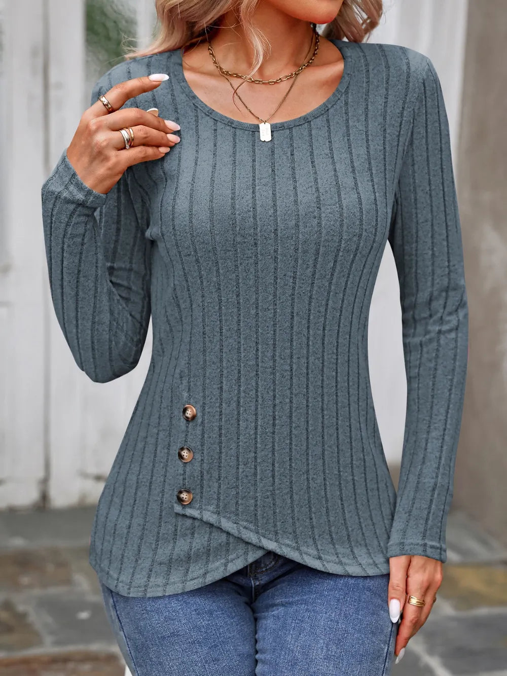 Decorative Button Round Neck Long Sleeve T-Shirt nicholesgifts