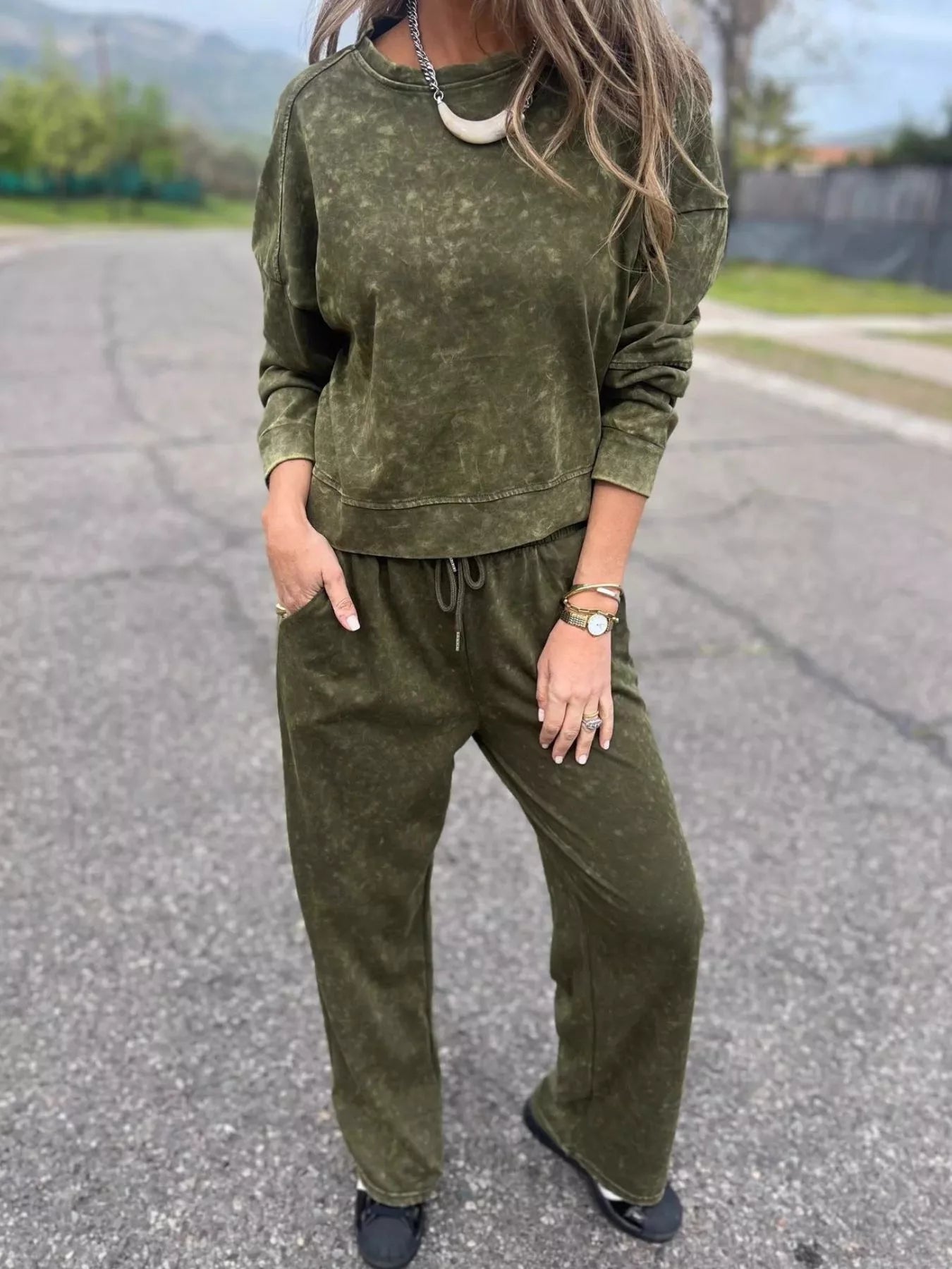 Full Size Washed Round Neck Top and Drawstring Pants Set Plus Size nicholesgifts