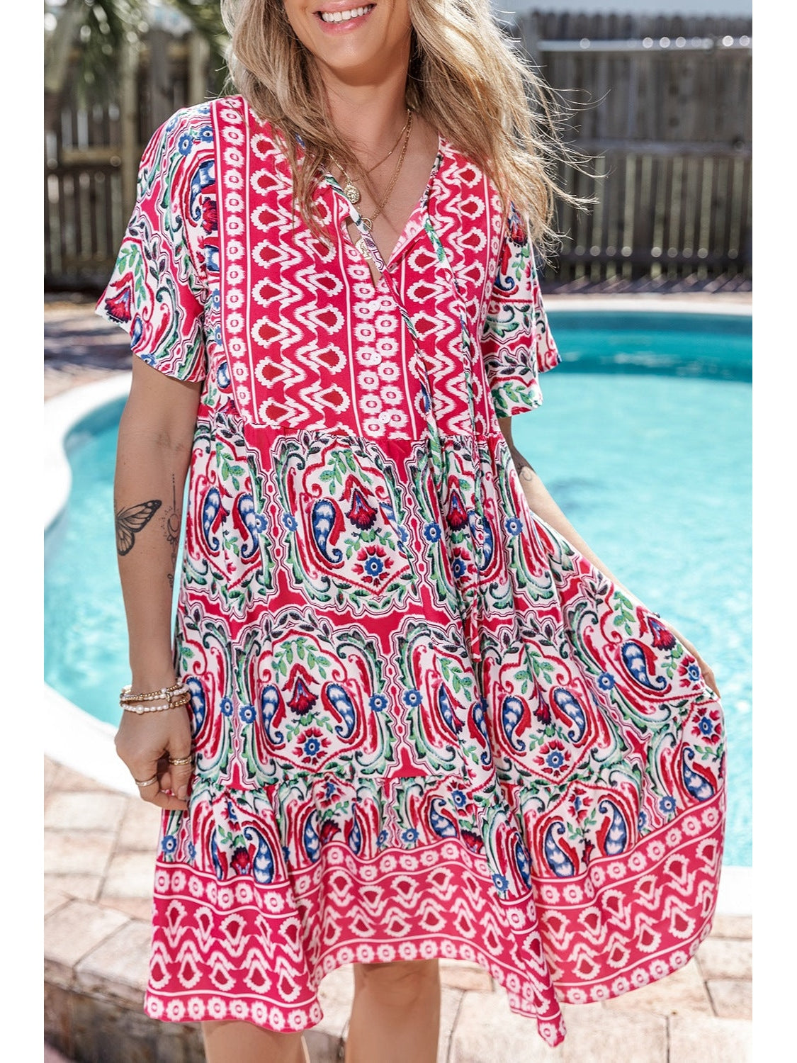 Printed Tie Neck Short Sleeve Dress nicholesgifts