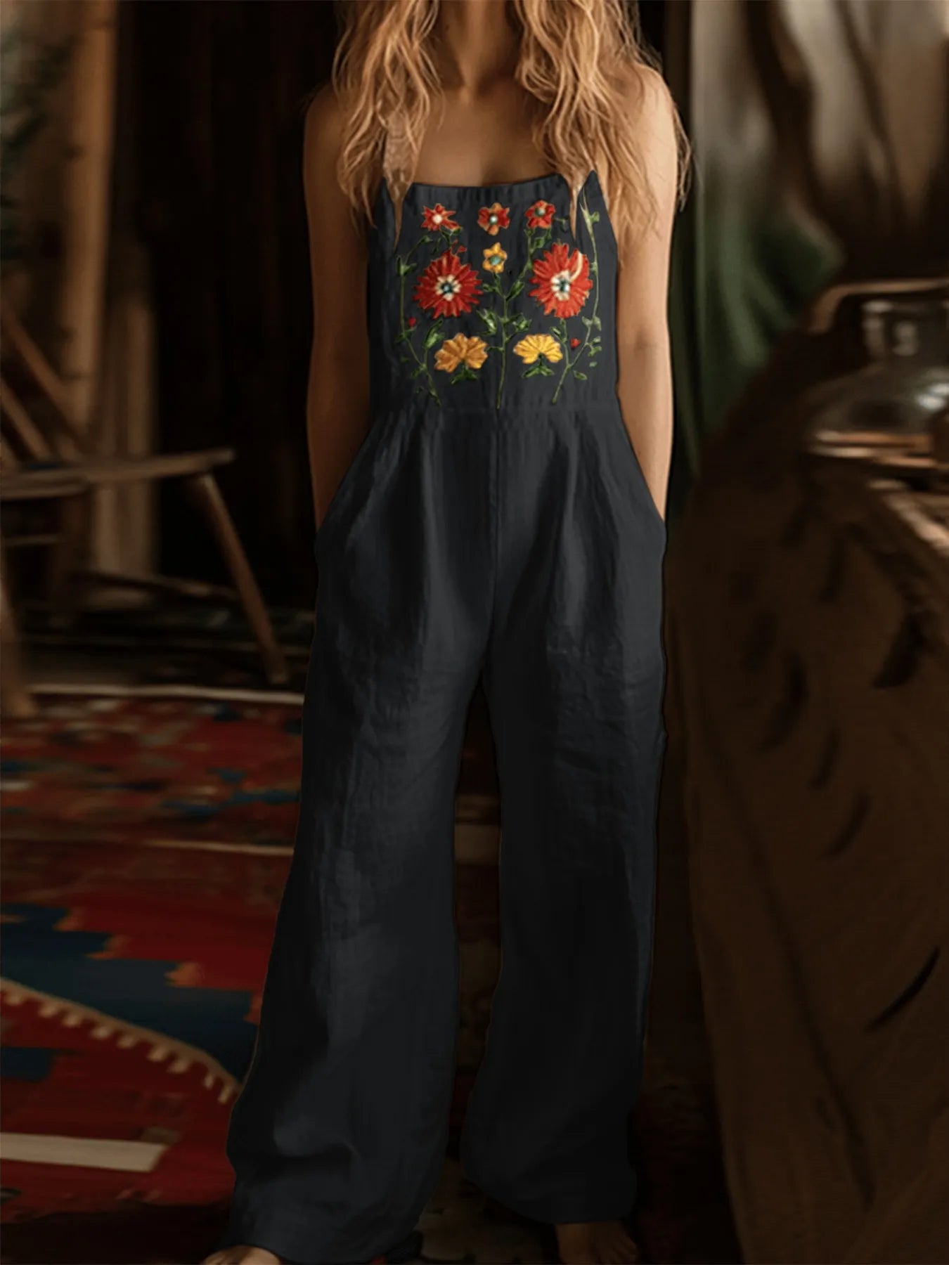 Floral Embroidered Wide Leg Jumpsuit nicholesgifts