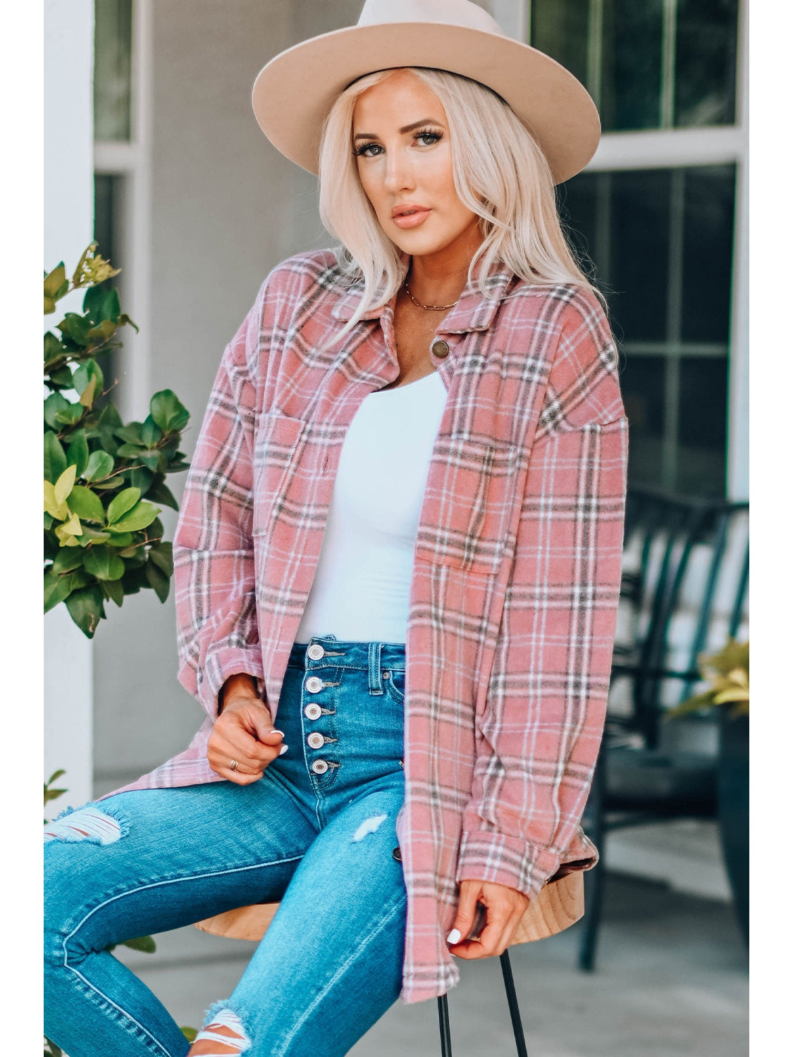 Plaid Curved Hem Dropped Shoulder Longline Shirt Jacket nicholesgifts