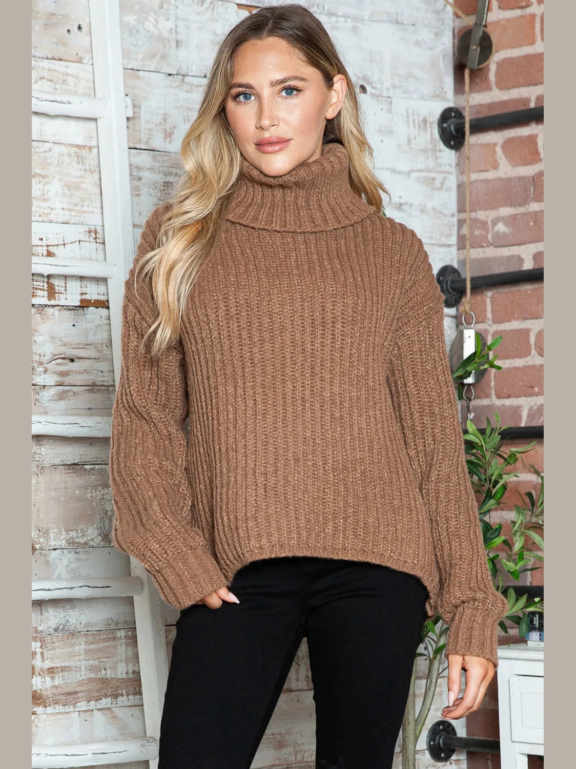 Turtleneck Dropped Shoulder Pullover Sweater nicholesgifts