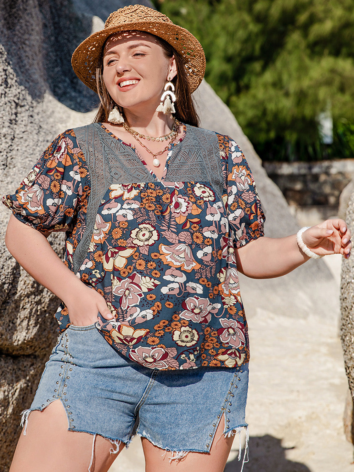 Plus Size Printed Notched Half Sleeve Blouse nicholesgifts