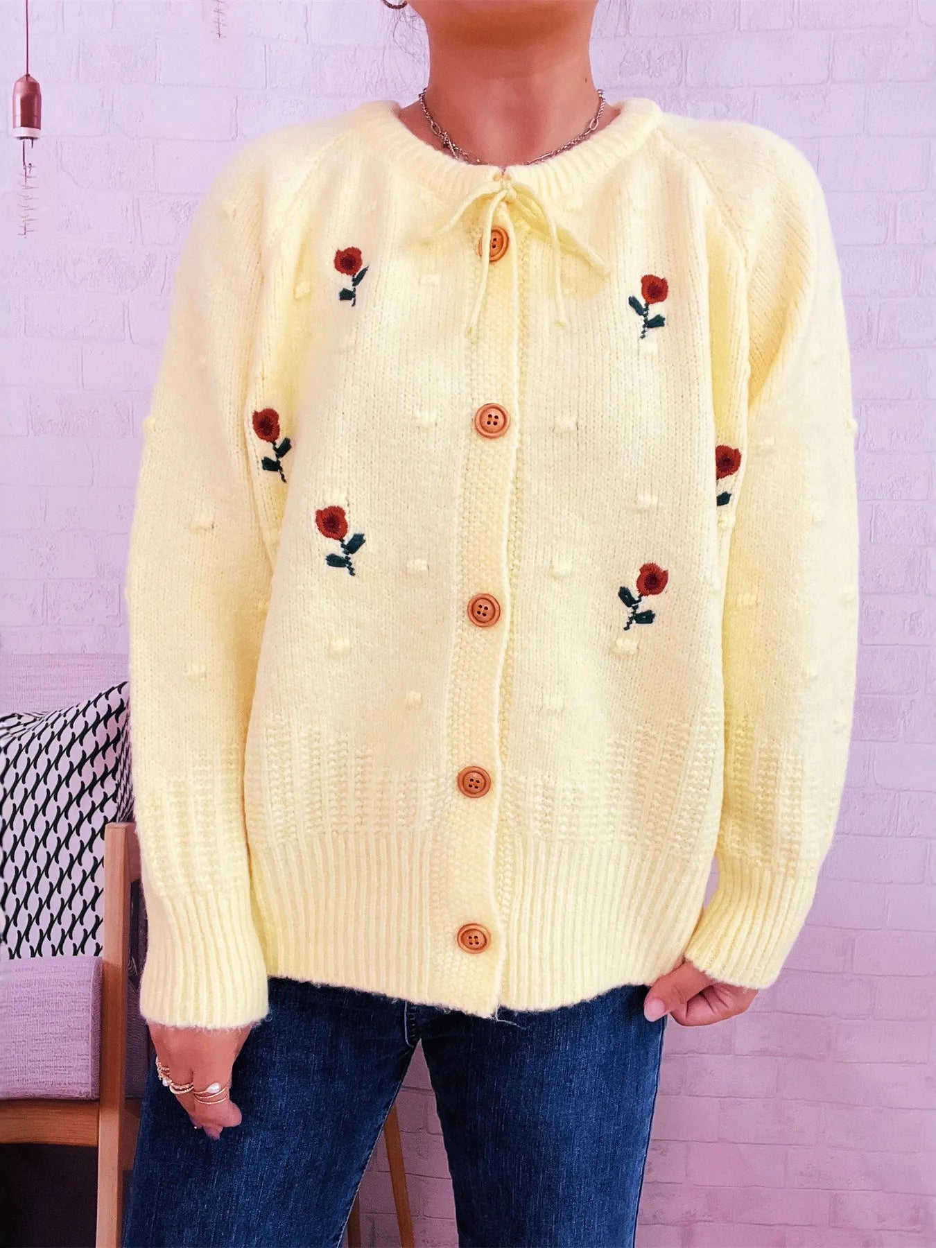 Rose Embroidered Button-Up Cardigan