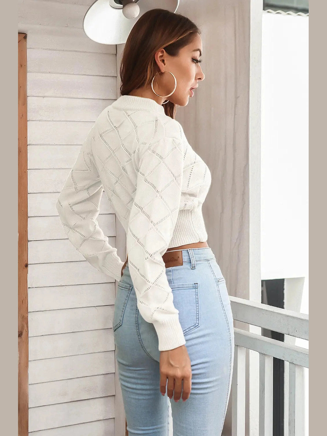 Openwork Plaid Round Neck Cropped Sweater Trendsi