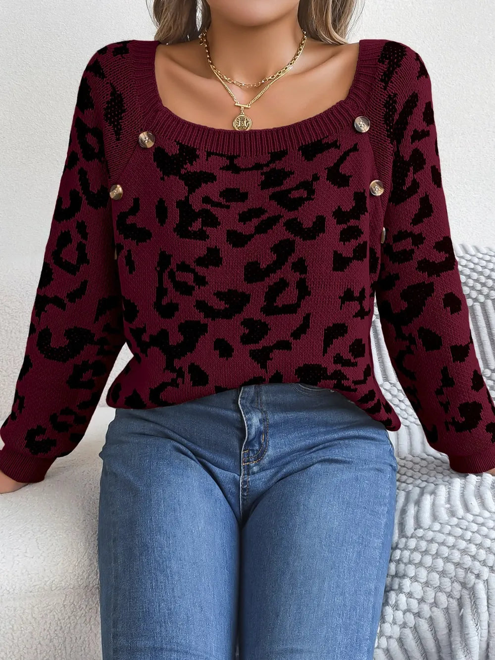 Leopard Buttoned Square Neck Sweater Trendsi