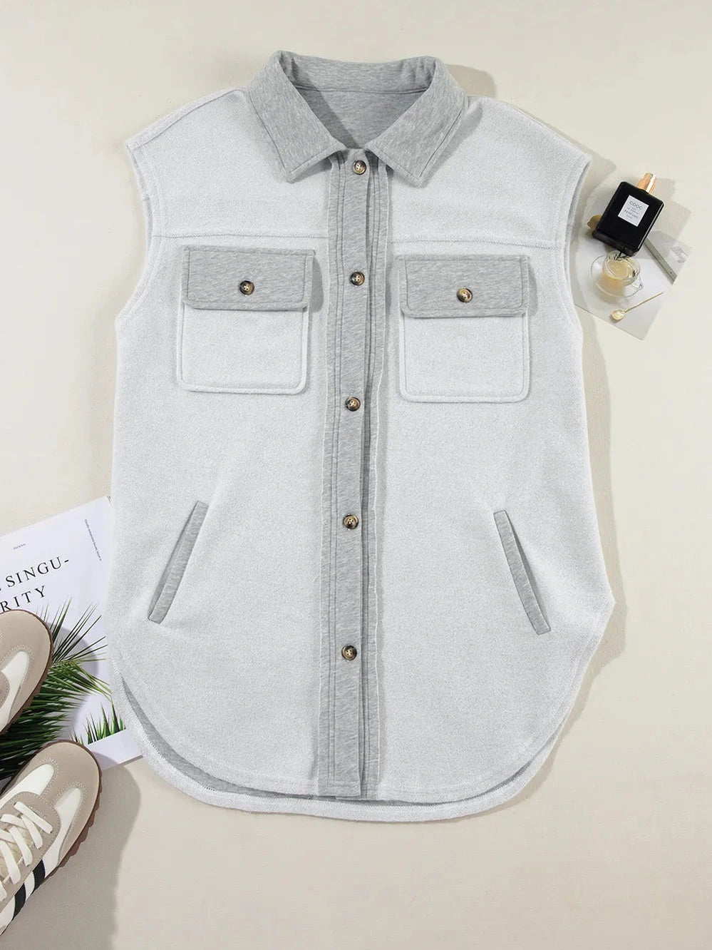 Pocketed Curved Hem Button Up Vest nicholesgifts
