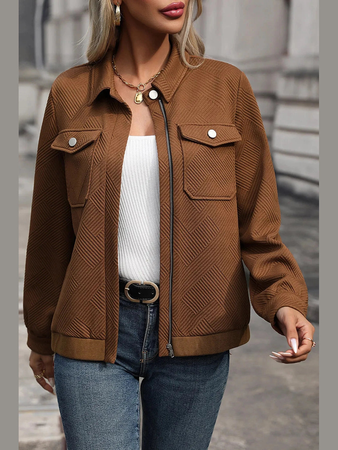 Perfee Textured Zip Up Collared Neck Jacket nicholesgifts