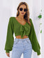 Bow V-Neck Long Sleeve Cropped Sweater nicholesgifts