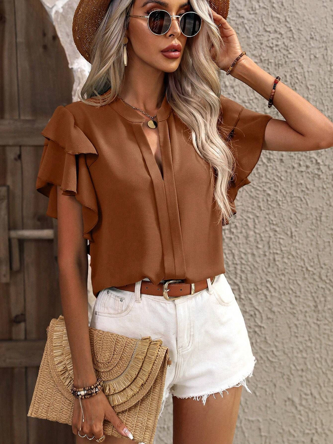 Ruffled Notched Short Sleeve Blouse nicholesgifts