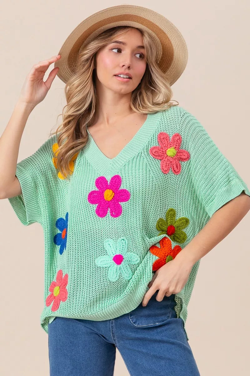 BiBi Flower Patches Dolman Sleeve Lightweight Sweater
