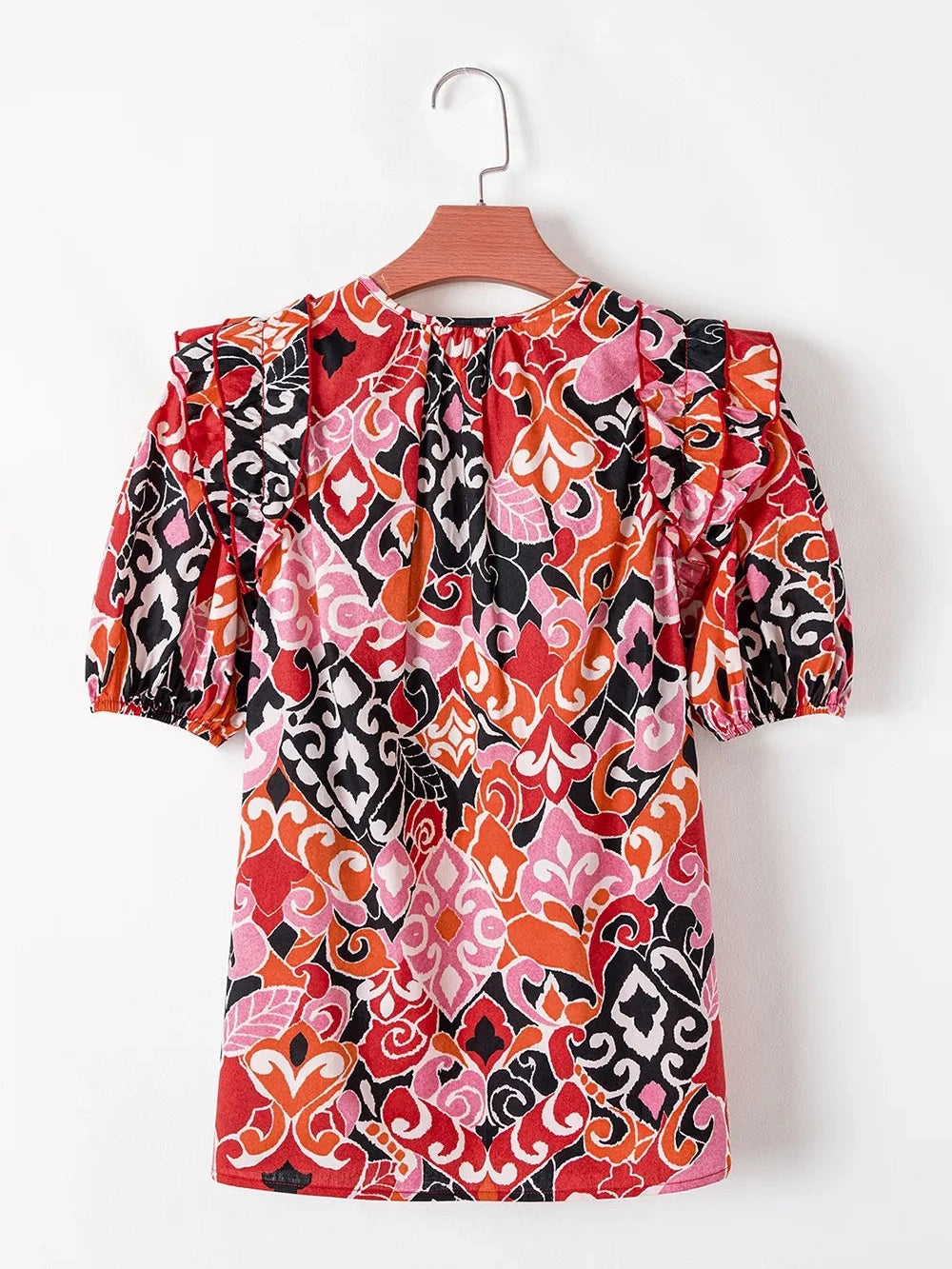 Ethnic Print Split Neck Short Puff Sleeve Blouse NicholesGifts