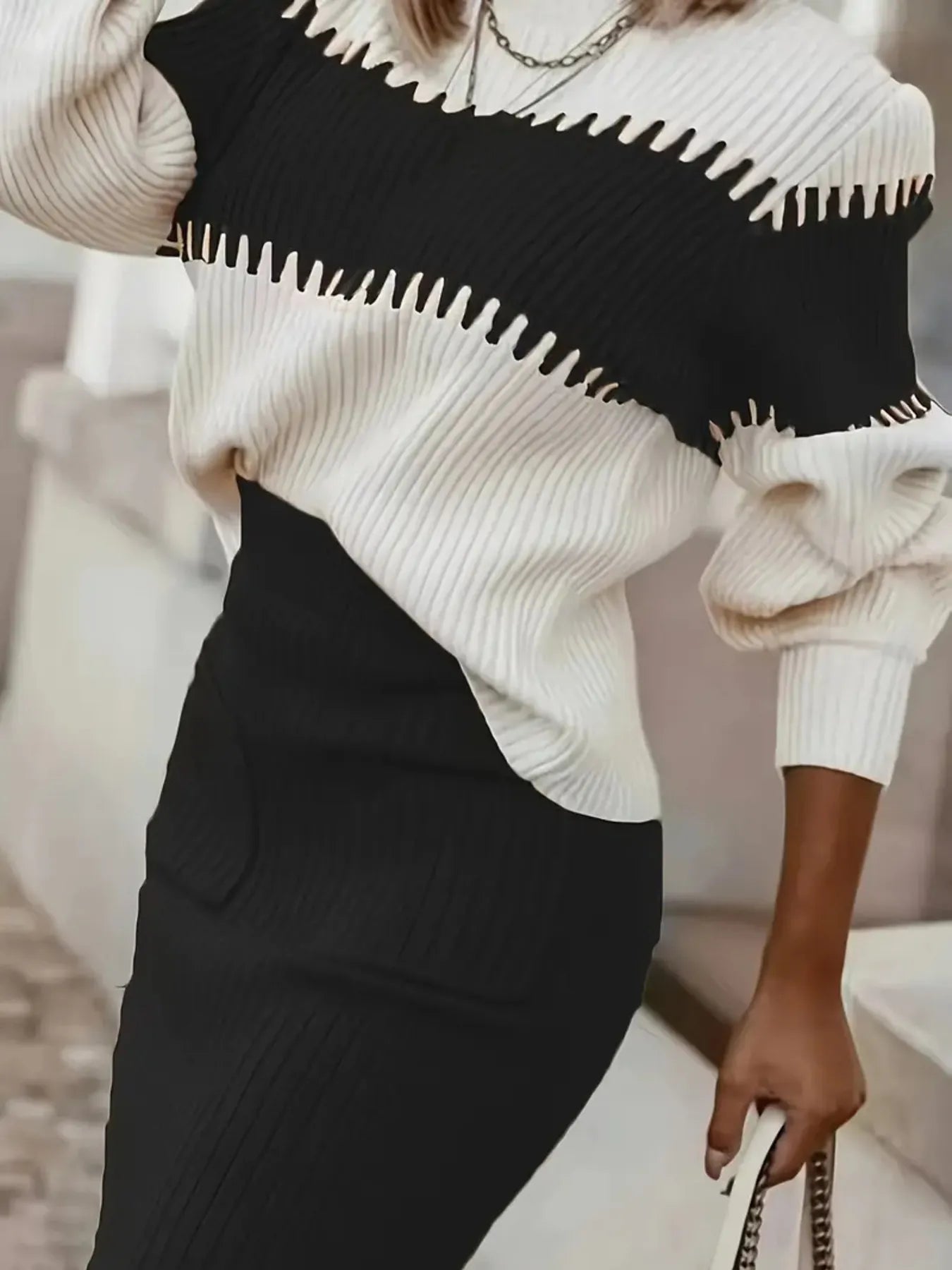 Two-Tone Ribbed Knit Top and Skirt Sweater Set nicholesgifts