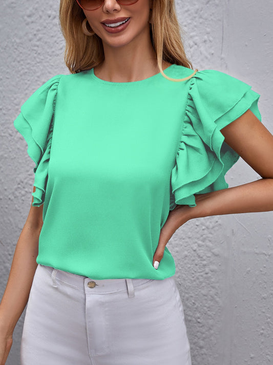 Round Neck Flounce Sleeve Blouse nicholesgifts