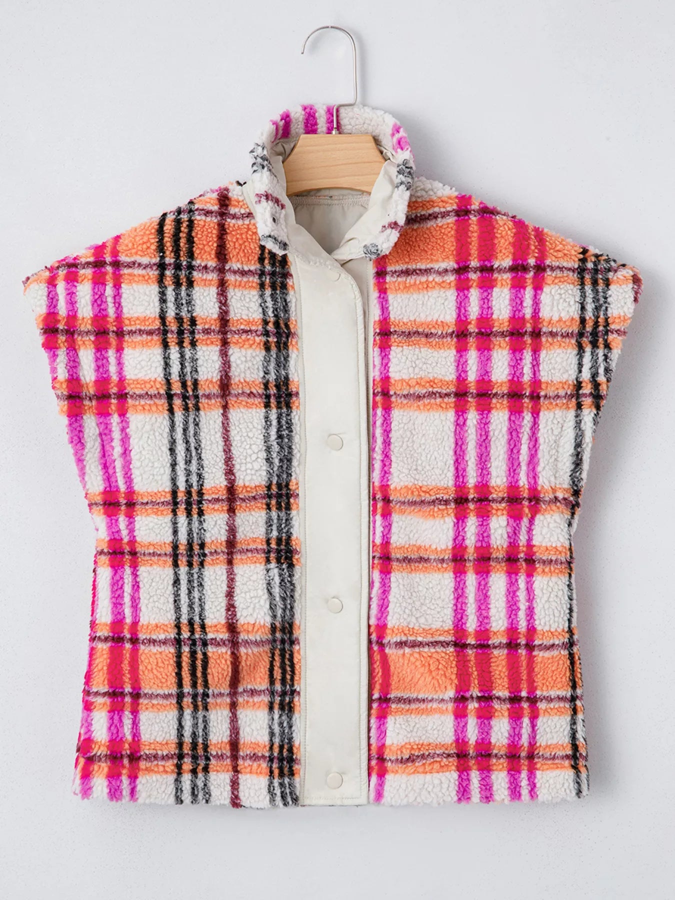 Sherpa Plaid Snap Down Vest Coat nicholesgifts