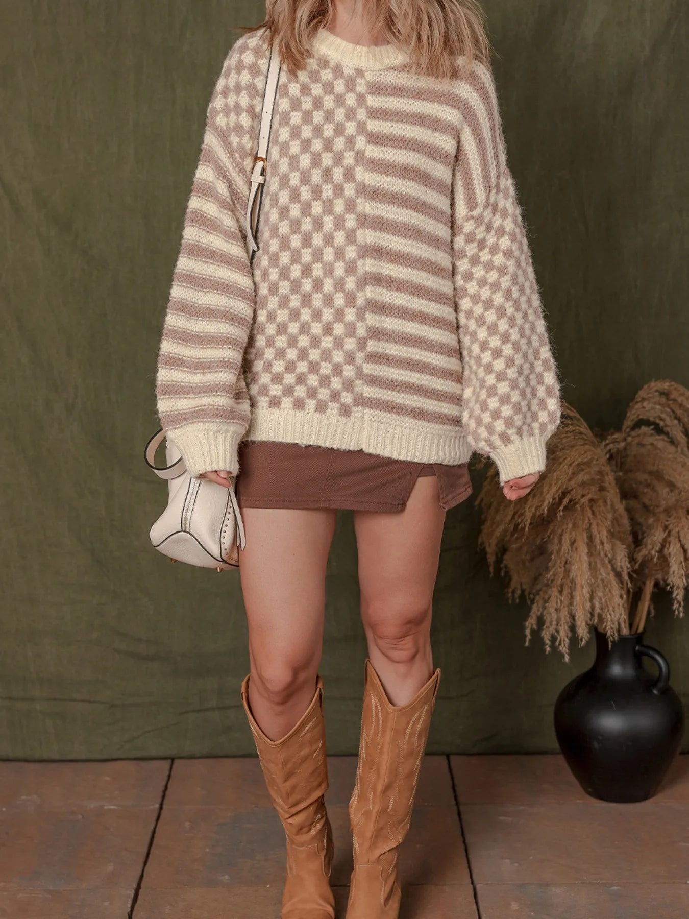 Stripe Checkerboard Drop Shoulder Balloon Sleeve Sweater Trendsi