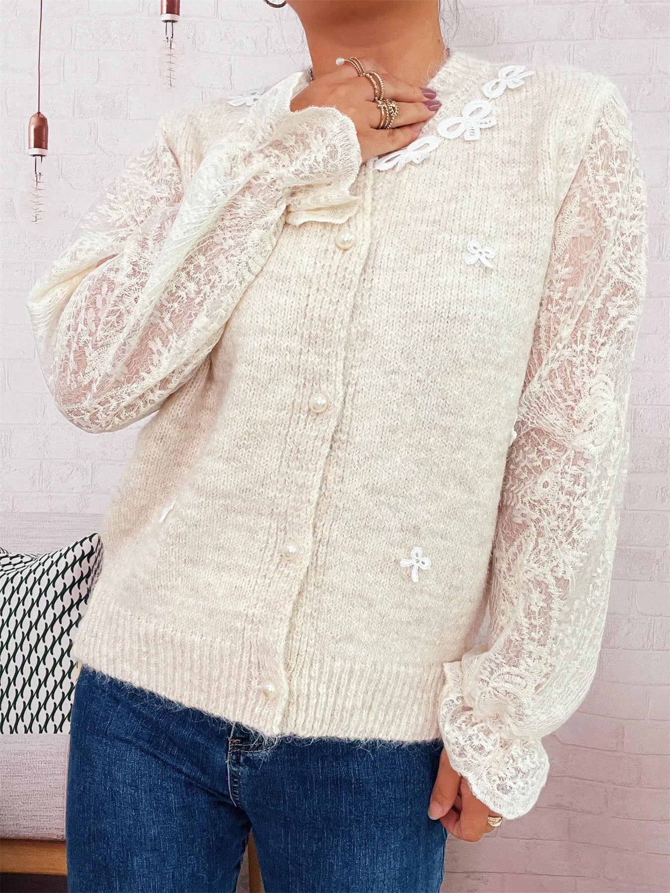 Lace Sleeve Button-Up Cardigan