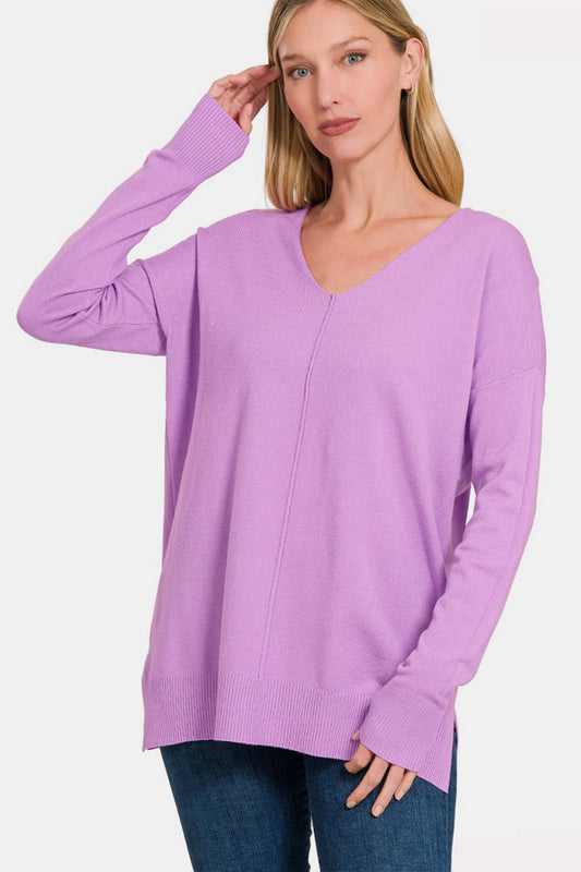 Zenana Slit V-Neck Dropped Shoulder Sweater nicholesgifts