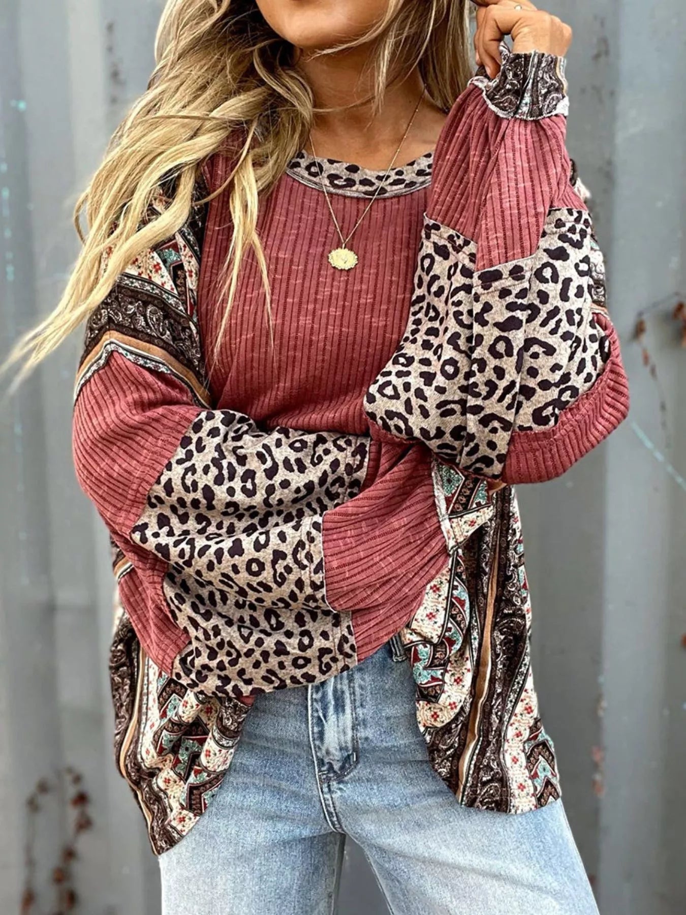 Leopard Color Block Ribbed Top nicholesgifts