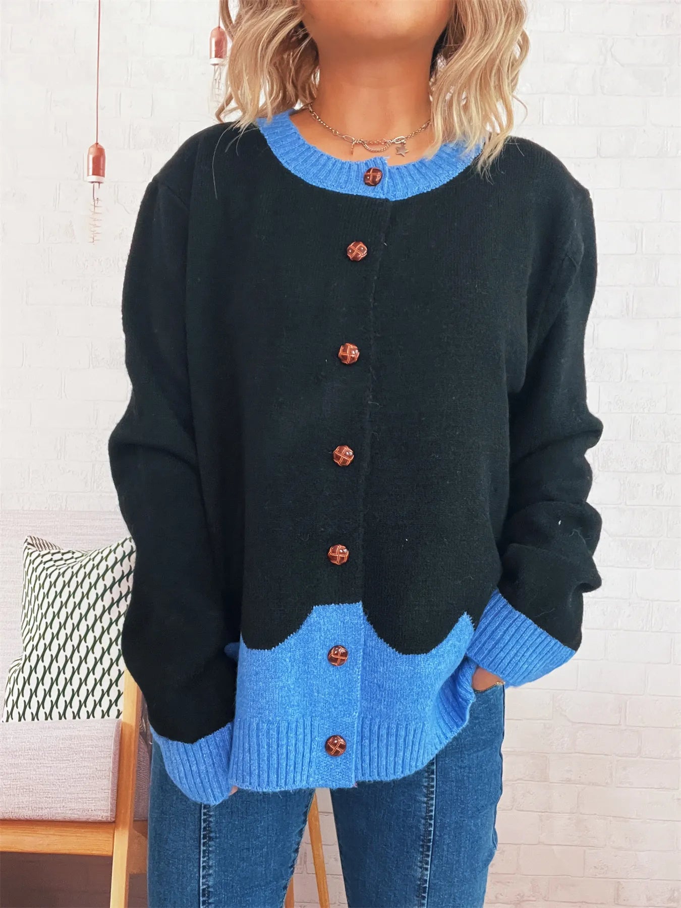 Button-Front Contrast Trim Cardigan