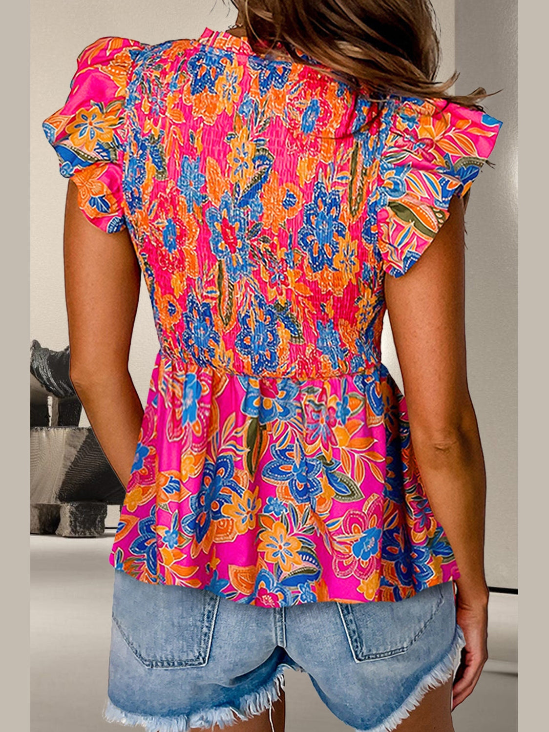 Smocked Printed V-Neck Cap Sleeve Blouse nicholesgifts