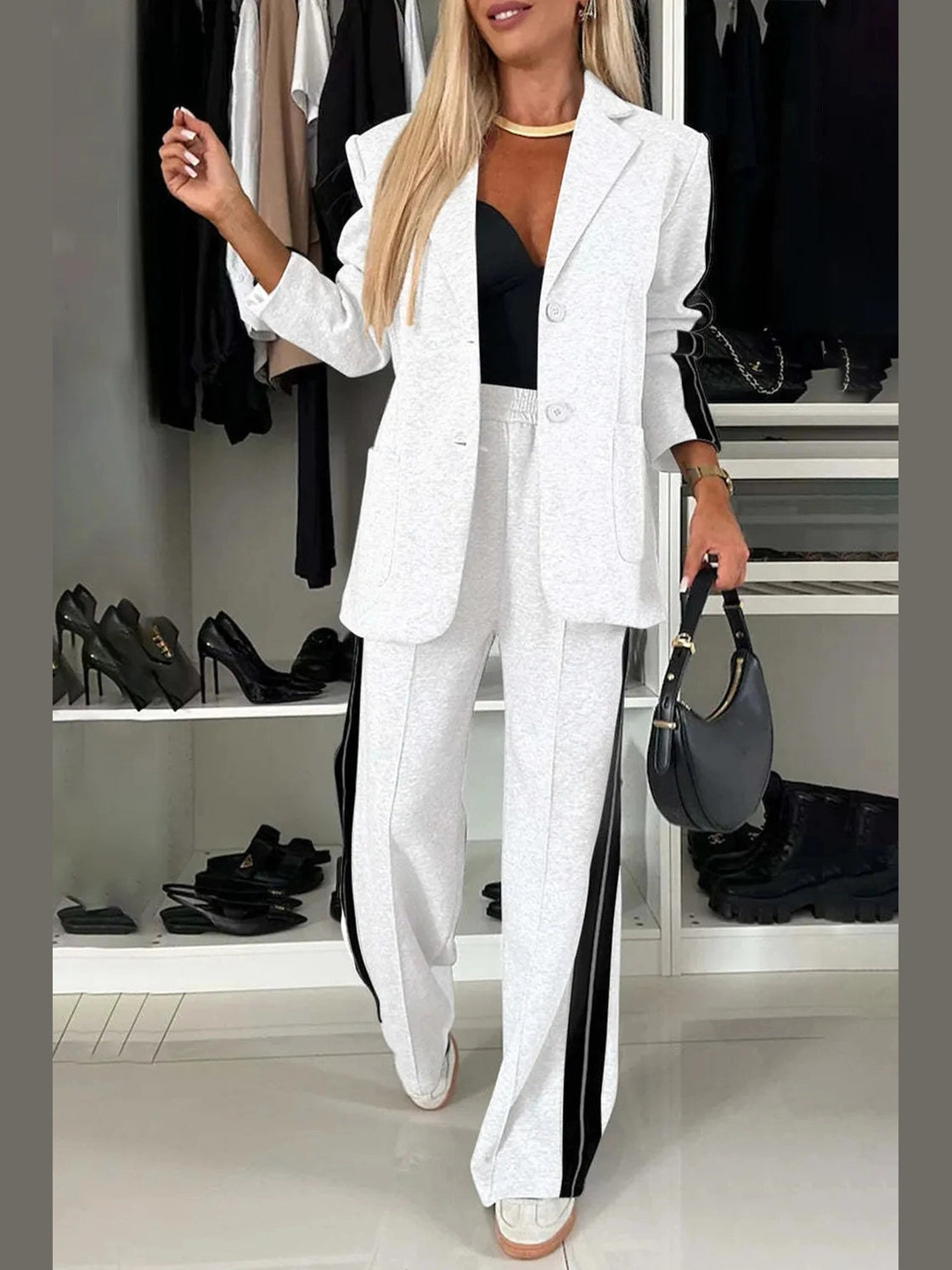 Full Size Contrast Lapel Collar Top and Pants Set nicholesgifts