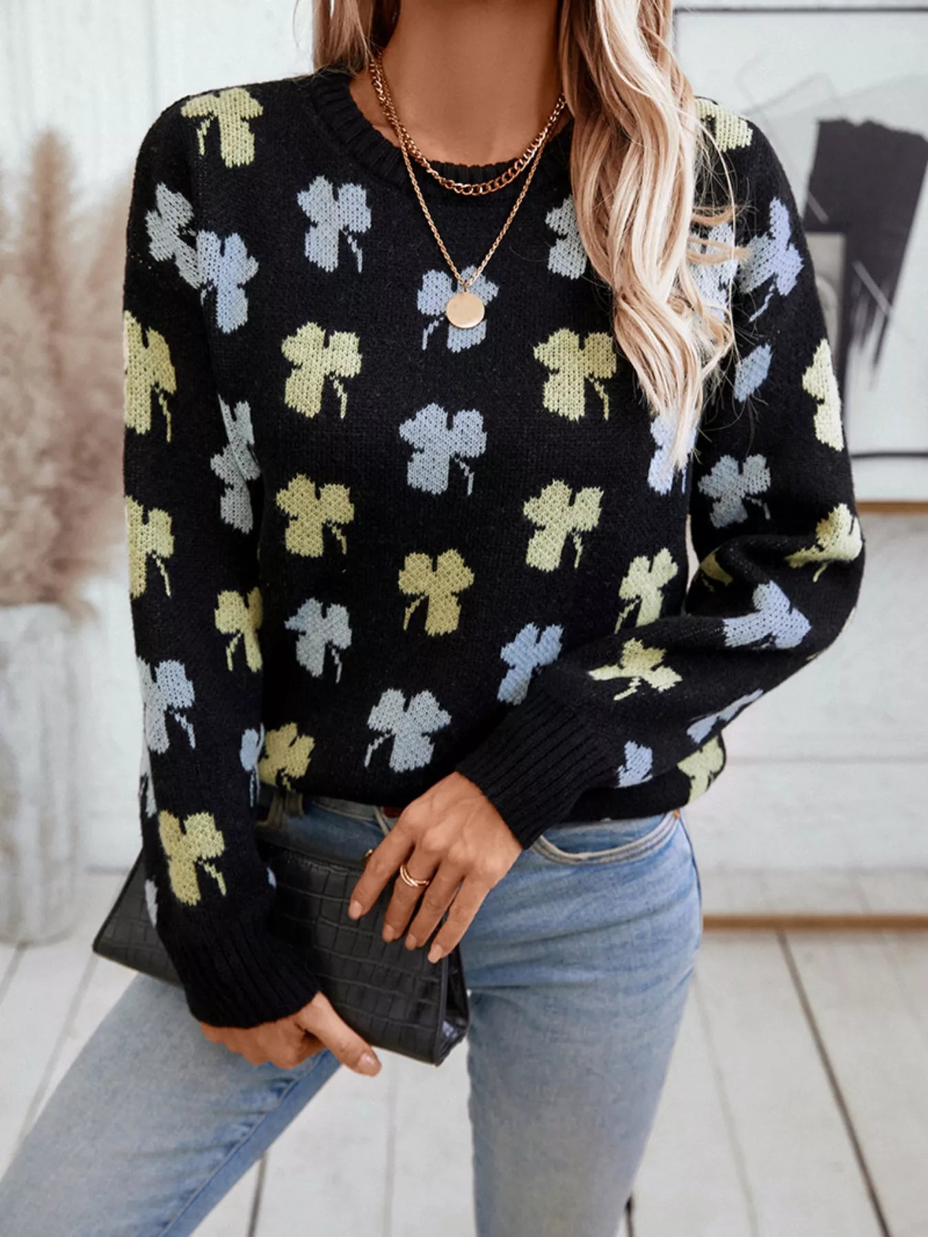 Clover Round Neck Long Sleeve Sweater Trendsi