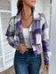 Women Perfee Plaid Button Up Drop Shoulder Cropped Jacket nicholesgifts