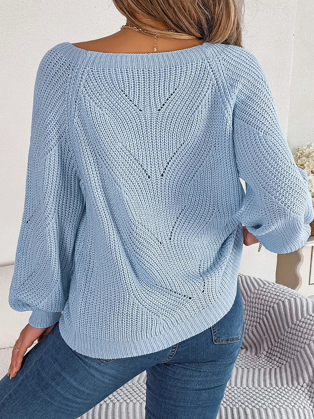 Openwork Buttoned Square Neck Sweater Trendsi