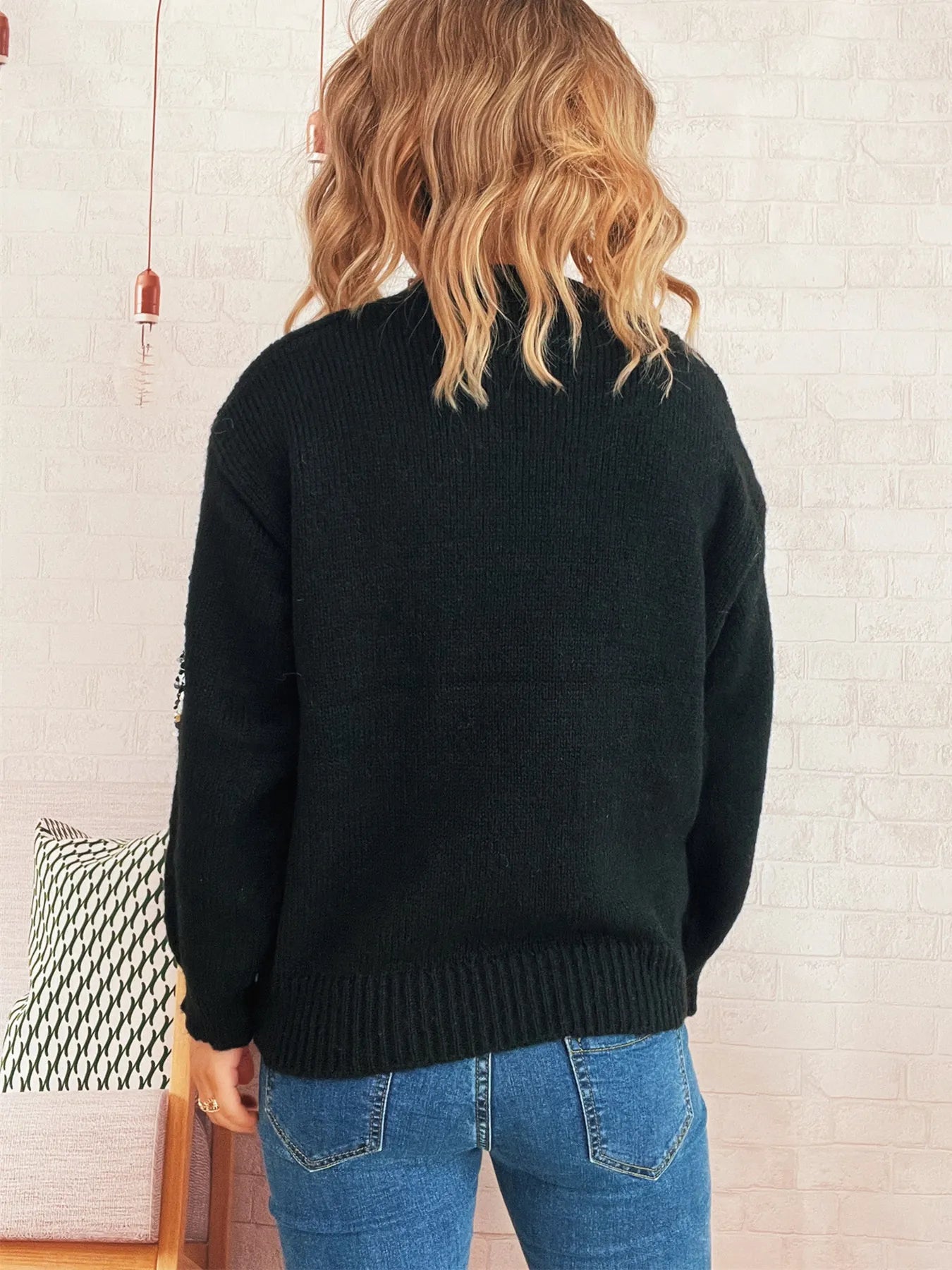 Sequined Diamond Pattern Oversized Sweater Trendsi