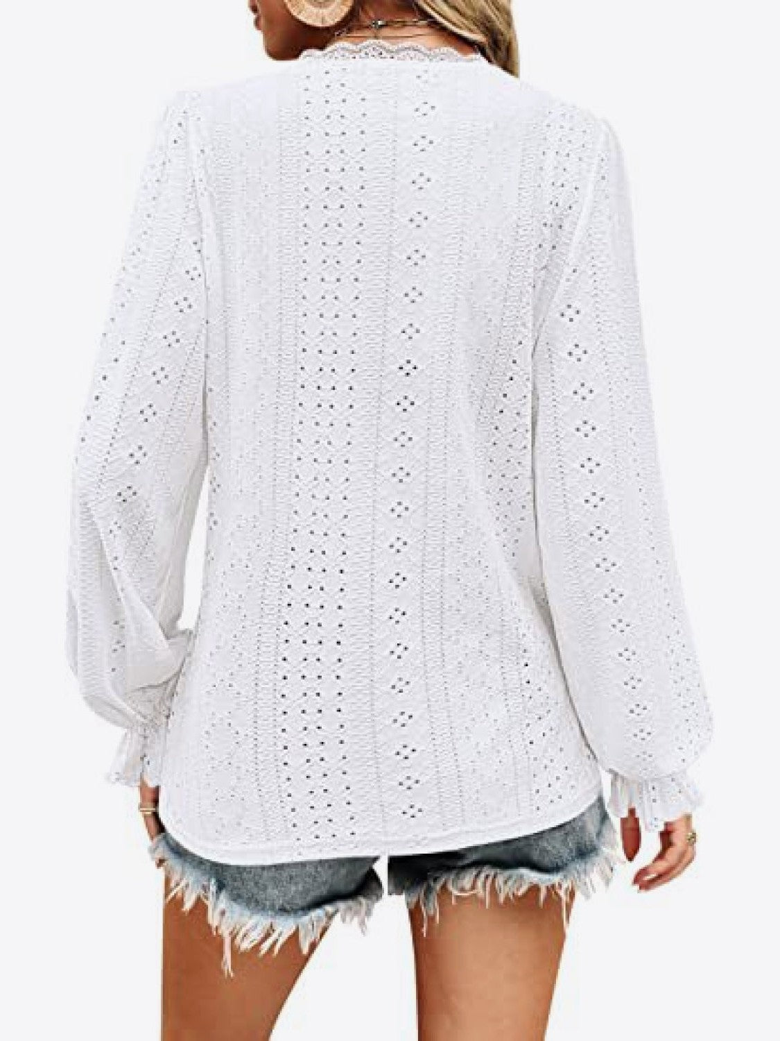 Eyelet V-Neck Flounce Sleeve Blouse